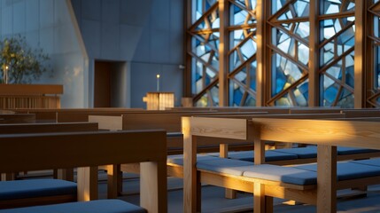 Obraz premium Empty modern chapel with sunlight streaming through geometric stained glass windows onto minimalist benches, evoking serenity, reflection, and architectural beauty in sacred memorial spaces.