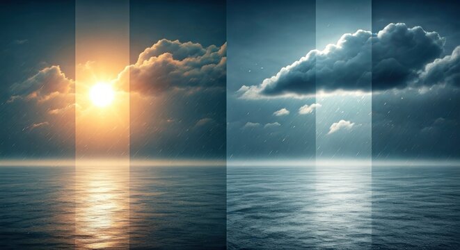 A divided seascape depicting a sunny and stormy sky over calm waters