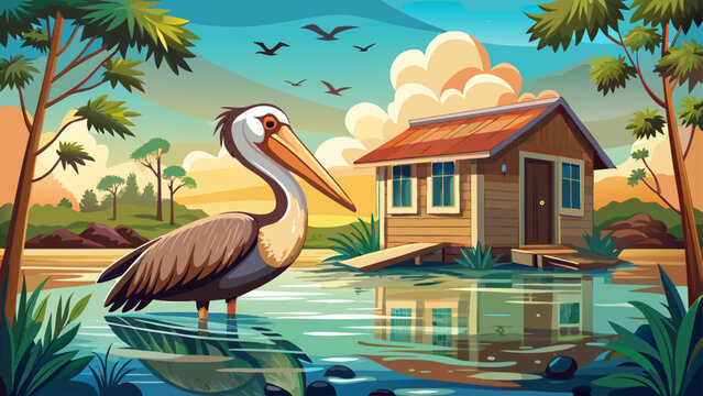 Very beautiful Louisiana brown pelican floating on calm water near the edge of a rustic fishing camp, realistic lighting, gentle ripples, and peaceful coastal atmosphere.
