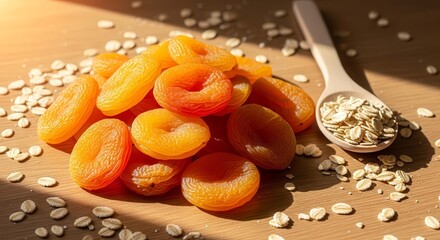 Sunlit Apricots Dried With Rolled Oats On Wooden Surface Food Photography