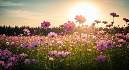 Fototapeta premium A field of pink cosmos flowers blooms under a golden sun setting over trees