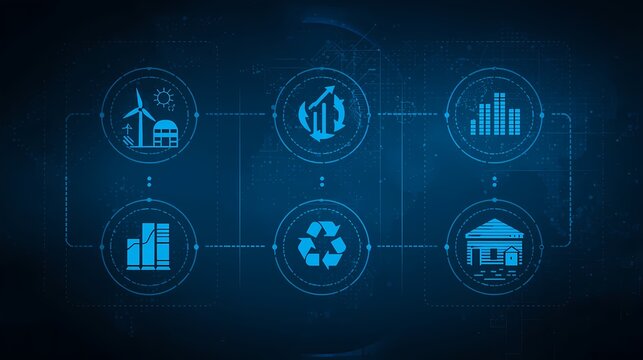 Digital diagram showing environmental KPIs with symbols of energy, water, recycling, and emissions data charts