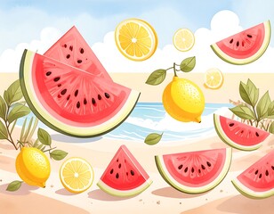 Summer Fruits on Beach Scene