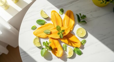Sunlit Arrangement of Mango Slices, Lime Wedges and Sprigs of Mint on White Surface