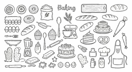 Hand-drawn collection of baking elements, featuring kitchen utensils like a whisk, ingredients, and various delicious pastries in a sketch style