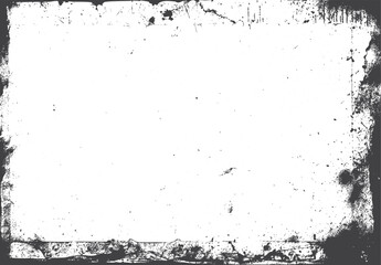 Black and white distressed grunge texture overlay with scattered speckles and rough edges on a white background