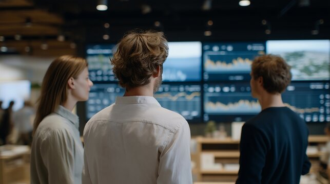 Wide-angle shot of team reviewing AI-generated e-commerce metrics on large interactive holographic screens, symbolizing collaborative digital marketing, modern retail analytics, and immersive - Powered by Adobe