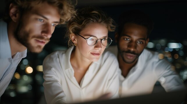 Team of marketing professionals evaluating sustainable packaging options with holographic data visualizations, symbolizing collaborative eco-branding strategy, immersive marketing workflows, and