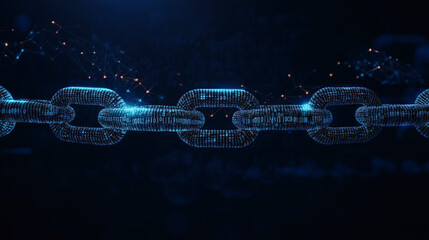 Cyber chain made of sparkling data lights wraps through deep black space, modern digital network and secure information transfer.