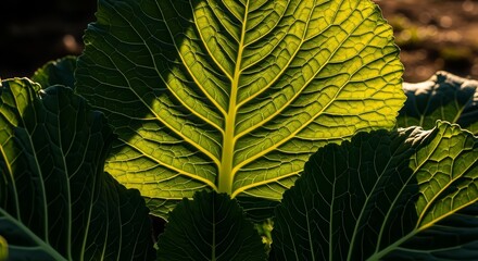 Sunlit Backlit Veins On A Cabbage Leaf With Details And A Stunning Green Visual