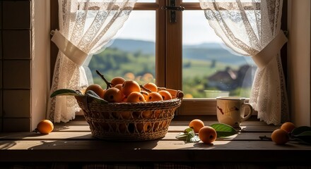 Sunlit Basket Of Fruit Near Window Showcasing Scenic Natural Landscape View