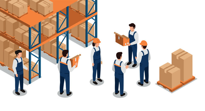 Warehouse team meeting with workers in isometric style discussing logistics and inventory management
