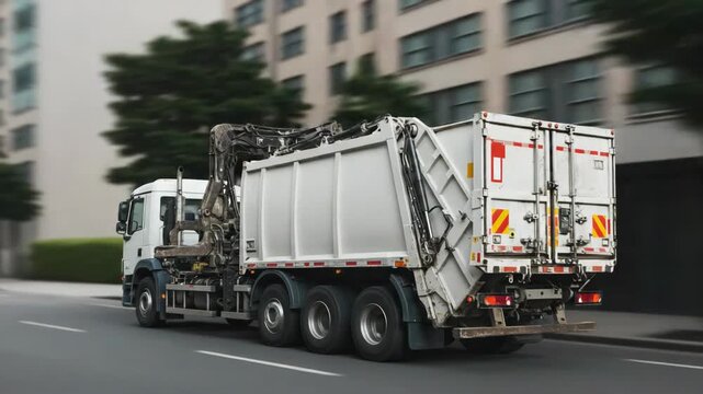 Garbage truck collecting waste on city street in urban environment  
