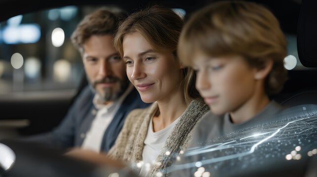 Family sitting in a smart electric car displaying a holographic route through a snowstorm, emotion of calm and trust visible, representing AI navigation, driverless innovation, and comfort-focused