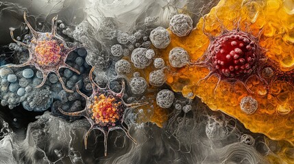 Cancer cells exhibit various colors and shapes with organic textures and a dark background.