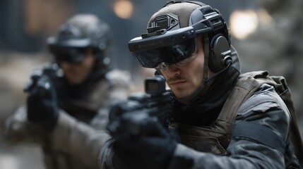 Special forces trainees engaging in urban warfare simulations via VR headsets with digital enemy overlays, representing immersive tactical training, elite military preparedness, and advanced combat