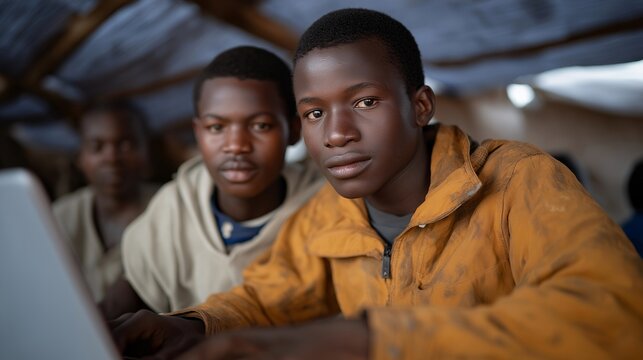 Refugee students focused on laptops inside a digital learning hub powered by solar energy, symbolizing education through technology, inclusion in modern learning systems, and access to knowledge