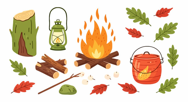 Outdoor Camping and Bonfire Scene with Autumn Leaves, Lantern, and Cooking Pot