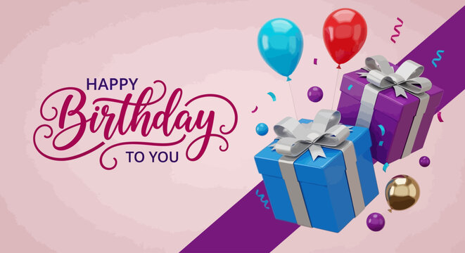 Vibrant Happy Birthday celebration banner with elegant typography, festive gift boxes, and colorful balloons on a joyful pink background