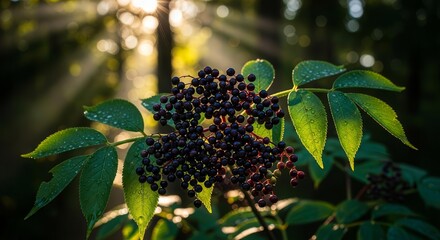 Sunlit Berries and Lush Greenery Captured in a Captivating Forest Scene