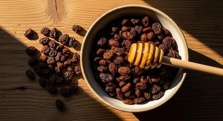 Sunlit Bowl Presentation of Raisins, Delicious Honey and Wooden Stir