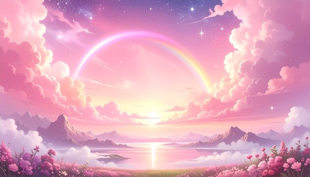 Pastel landscape with a rainbow arching over a calm lake reflecting a soft sunrise. Fluffy clouds frame distant mountains