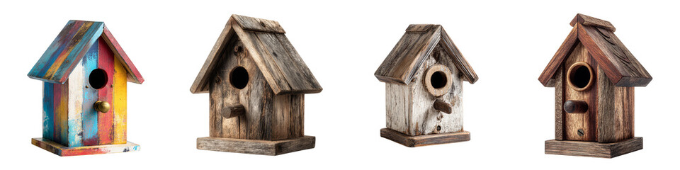 Colorful wooden birdhouses variety rustic charm on transparent background