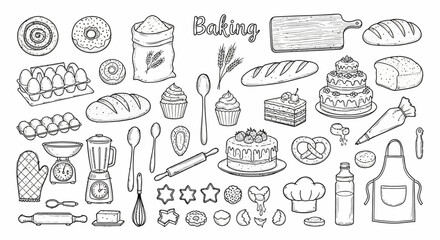 Hand-drawn illustration of various baking and bakery items, perfect for a culinary theme