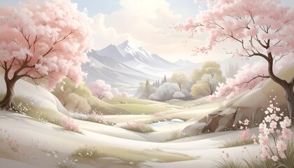Pastel landscape with cherry blossoms and snow-covered slopes leading to a valley, framed by flowering trees and mountains