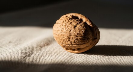 Fototapeta premium Sunlit Walnut Resting Elegantly on a Textured Linen Surface in Natural Lighting
