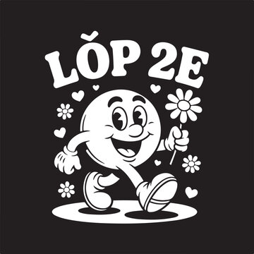 Retro cartoon character with flower and text L O P 2 E vintage monochrome