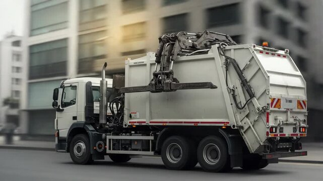 Garbage truck on urban street with modern buildings in background  