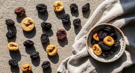 Sunlit Composition Showcasing a Delightful Arrangement of Dried Fruits and Culinary Freshness.