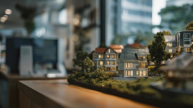 A small-scale model of a new residential neighborhood displayed in an architect’s office, representing vision, project presentation, and design aesthetics. cinematic color correction, natural - Powered by Adobe