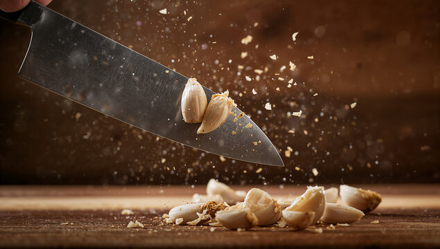 rustic chef knife smashing garlic cloves cinematic food action shot