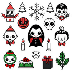 Spooky Dark and gothic Christmas Icon Set. Halloween Inspired Holiday clipart. Vector illustration