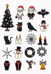 Spooky Christmas Clipart Set. Gothic Holiday Elements with Skeletons, Cats, Snowmen and Skulls. Gothmas vector illustration