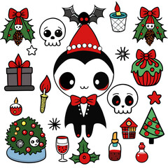 Dark and gothic Christmas Icon Set. Gothmas Halloween Inspired Holiday clipart. Vector illustration