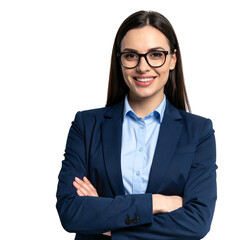 Confident woman in glasses and suit, arms crossed