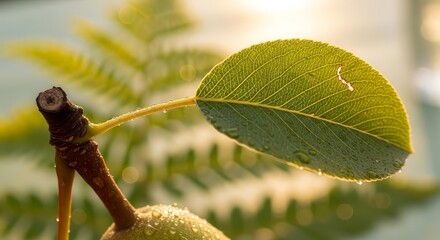 Sunlit Dew-Kissed Leaf: A Fresh Perspective of Natural Beauty and Serene Details