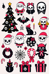 Spooky Christmas Clipart Set. Gothic Holiday Elements with Skeletons, Cats, Snowmen and Skulls. Gothmas vector illustration