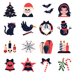 Collection of Spooky Christmas Clipart. Gothic Holiday Elements with Skeletons, Cats, Snowmen. Gothmas vector illustration