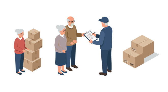 Senior couple receiving delivery from courier with boxes in modern isometric art