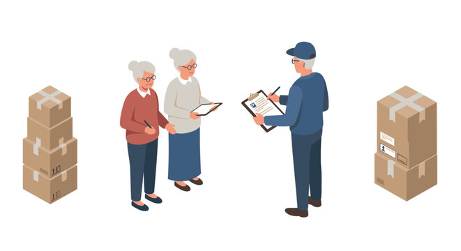 Delivery service interaction between two seniors and courier with parcel boxes