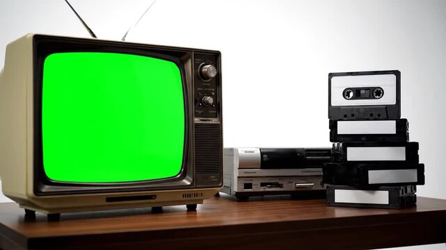 An old TV set with a green screen, VHS tapes, and a VCR rest on a wooden surface