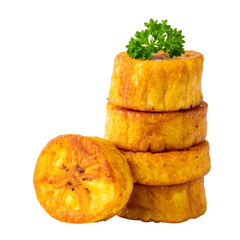 Stacked fried plantain slices topped with fresh parsley garnish