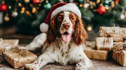 Cute dog wearing Santa hat sitting among Christmas gifts and tree