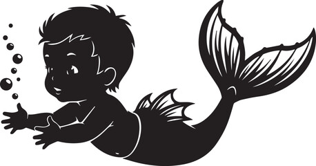 Adorable cartoon baby with a mermaid tail swimming underwater with bubbles