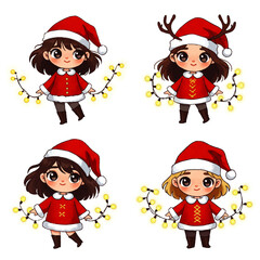 Four cartoon girls wearing Santa hats and holding string lights, celebrating Christmas.