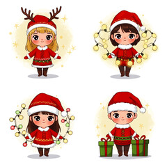 Collection of cute cartoon children dressed in Christmas outfits with lights and gifts.